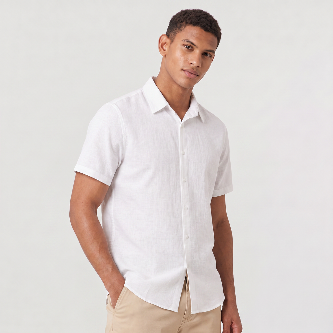 Men's Casual Cotton Linen Short Sleeve Shirt