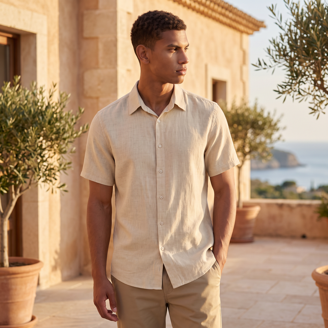 Men's Casual Cotton Linen Short Sleeve Shirt