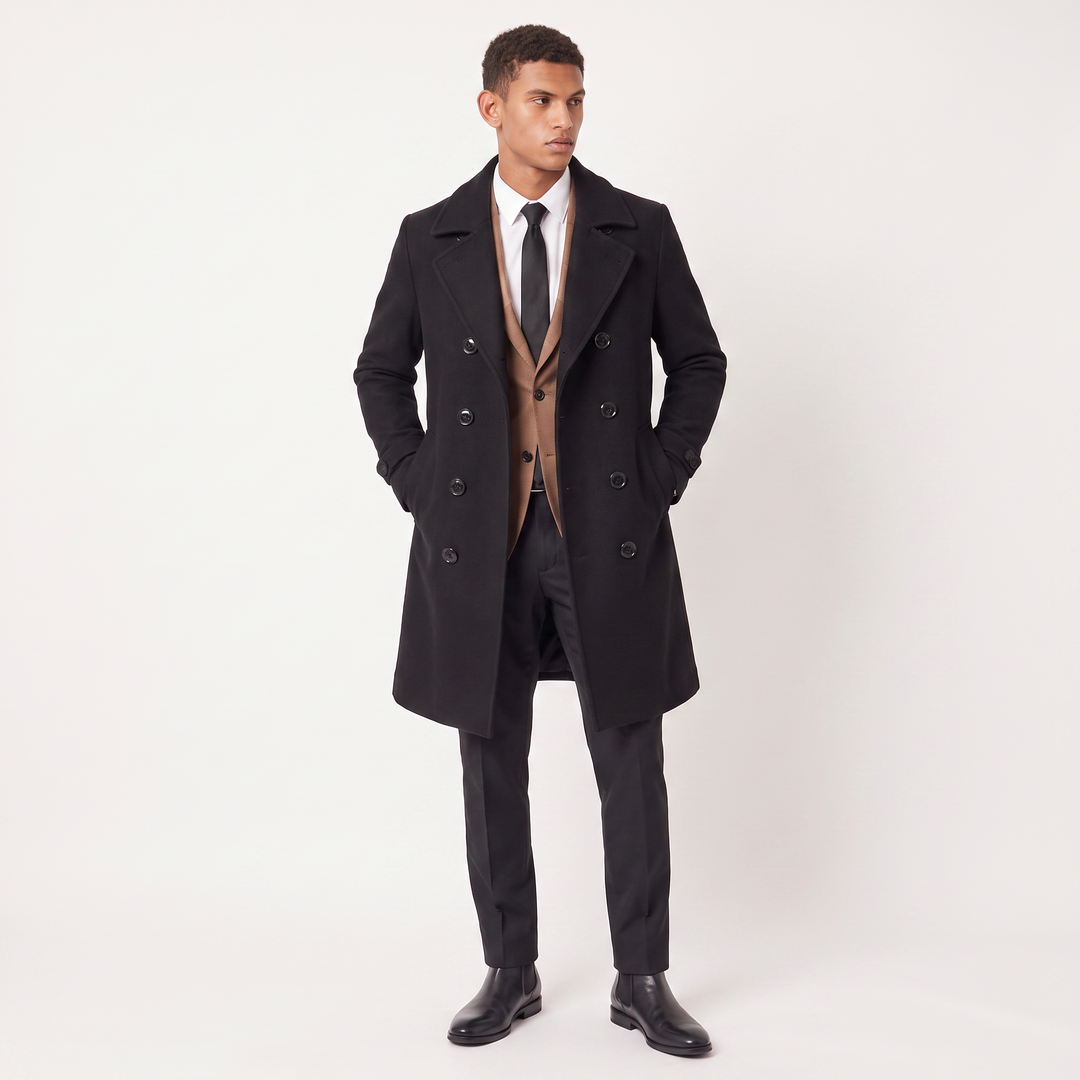 Men's Classic Wool Blend Slim Fit Double-Breasted Long Coat