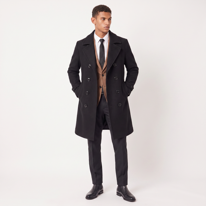 Men's Classic Wool Blend Slim Fit Double-Breasted Long Coat