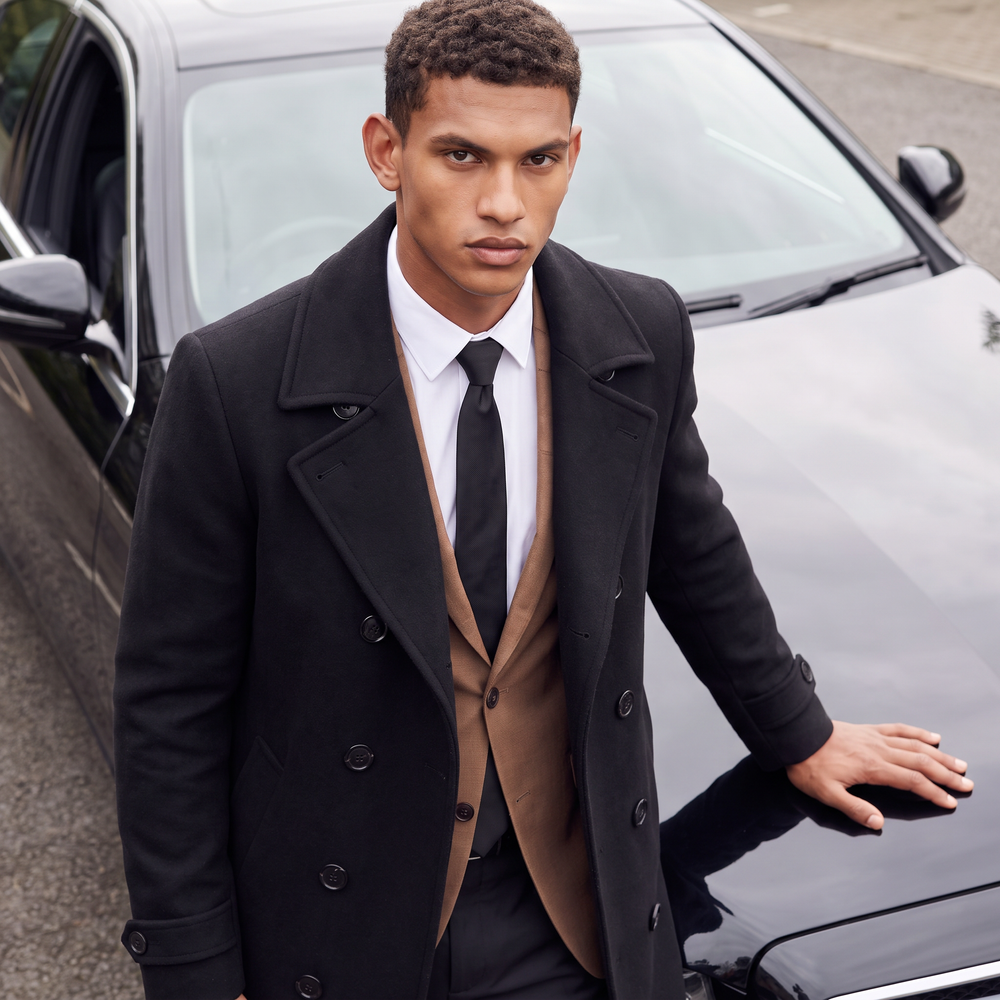 Men's Classic Wool Blend Slim Fit Double-Breasted Long Coat