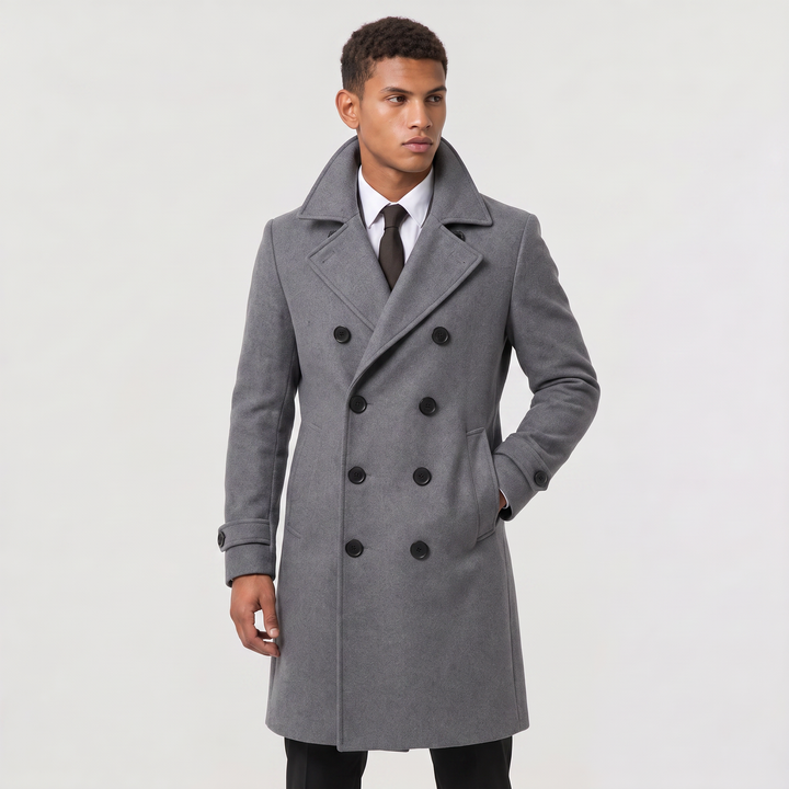 Men's Classic Wool Blend Slim Fit Double-Breasted Long Coat