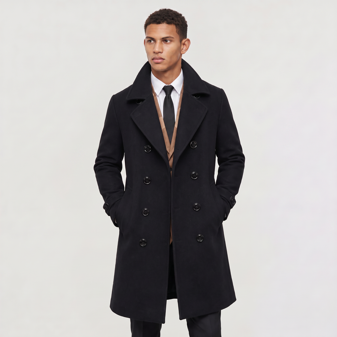 Men's Classic Wool Blend Slim Fit Double-Breasted Long Coat