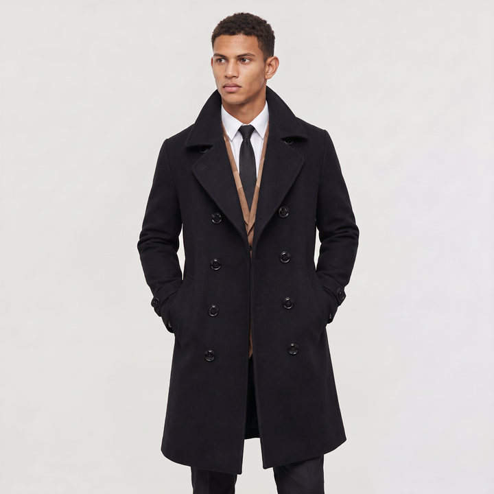 Men's Classic Wool Blend Slim Fit Double-Breasted Long Coat