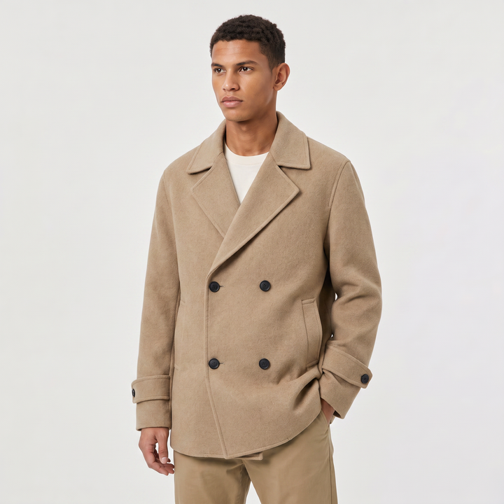 Men's Classic Wool Blend Double-Breasted Short Trench Coat