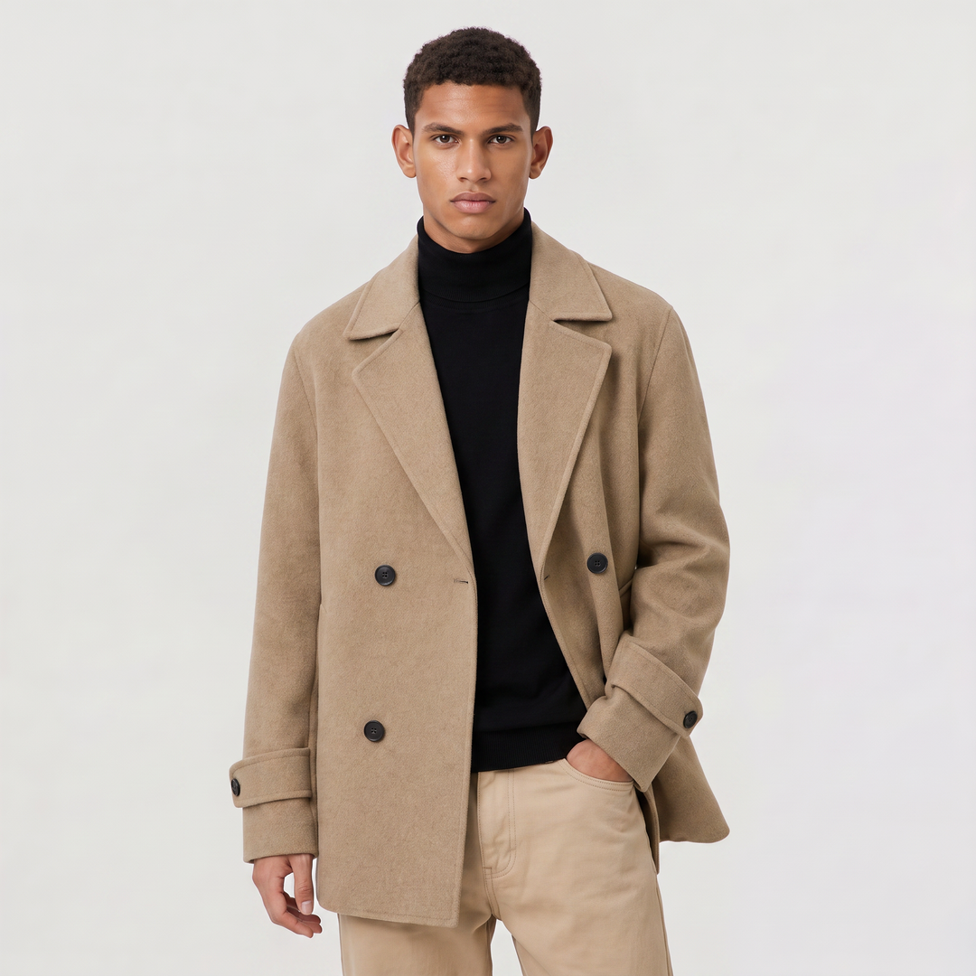 Men's Classic Wool Blend Double-Breasted Short Trench Coat