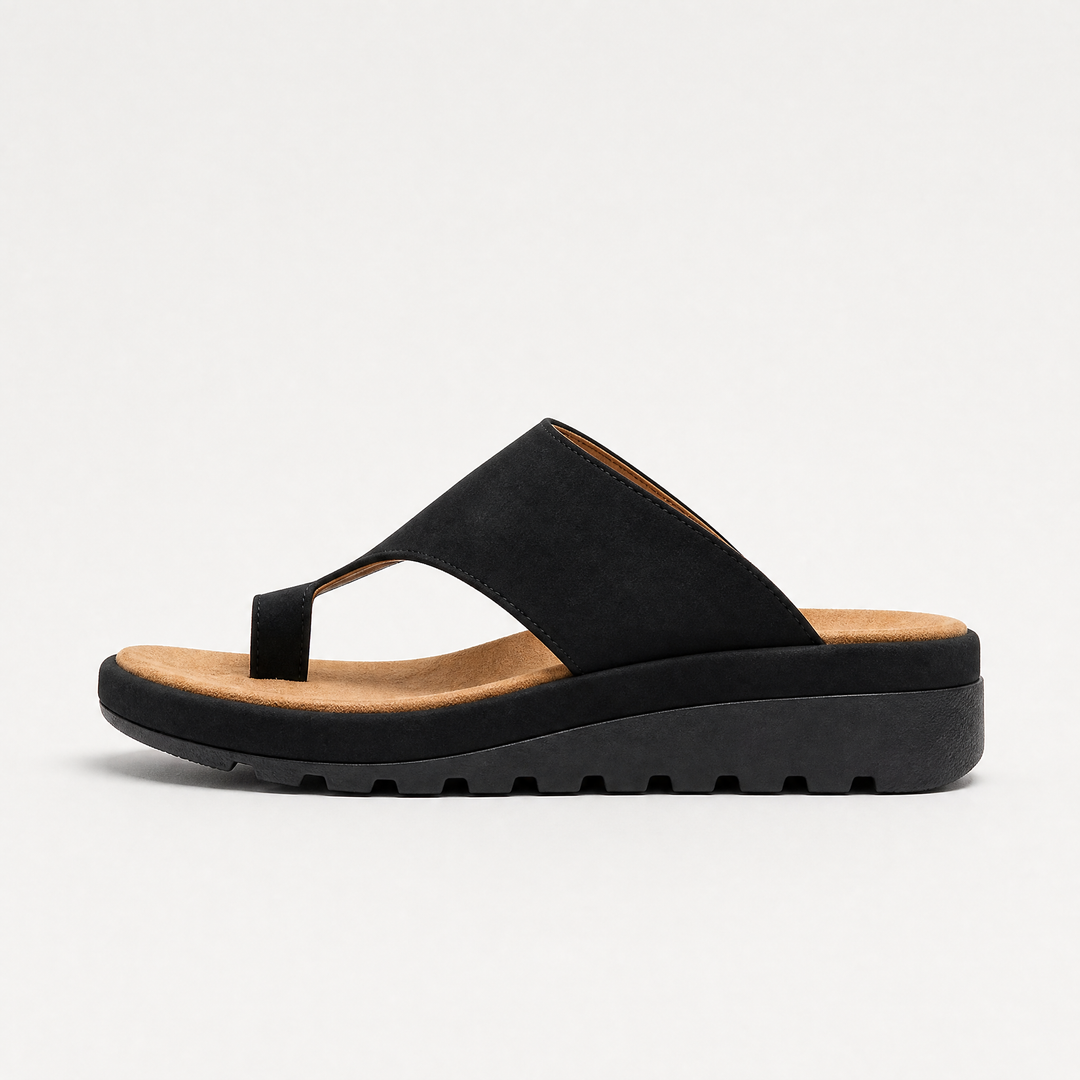 Women's Casual Leather Toe Ring Slide Sandals with Wedge Sole