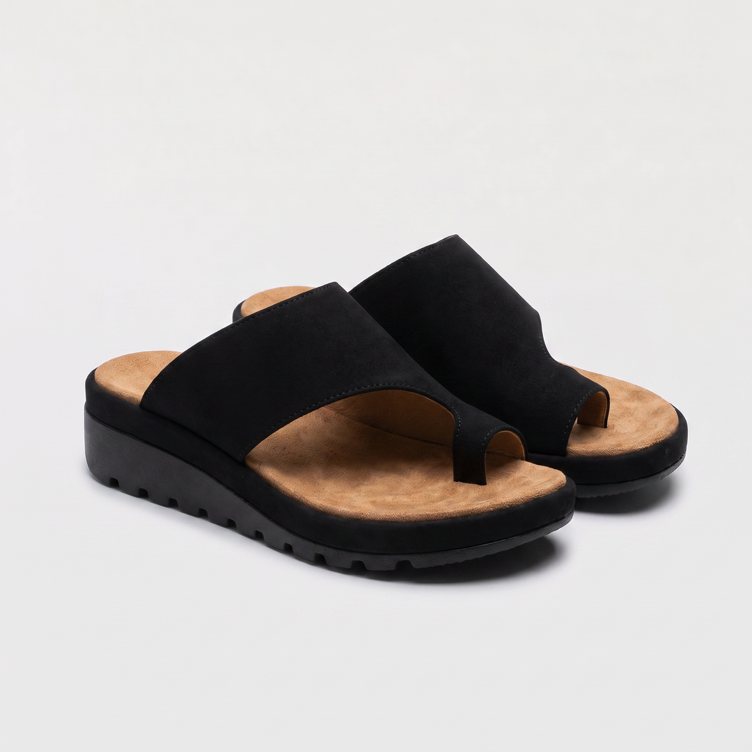 Women's Casual Leather Toe Ring Slide Sandals with Wedge Sole
