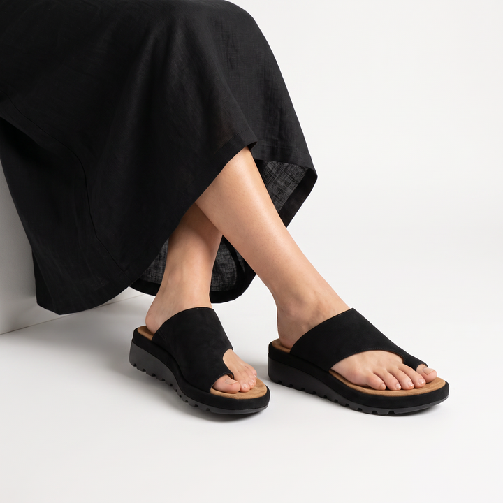 Women's Casual Leather Toe Ring Slide Sandals with Wedge Sole