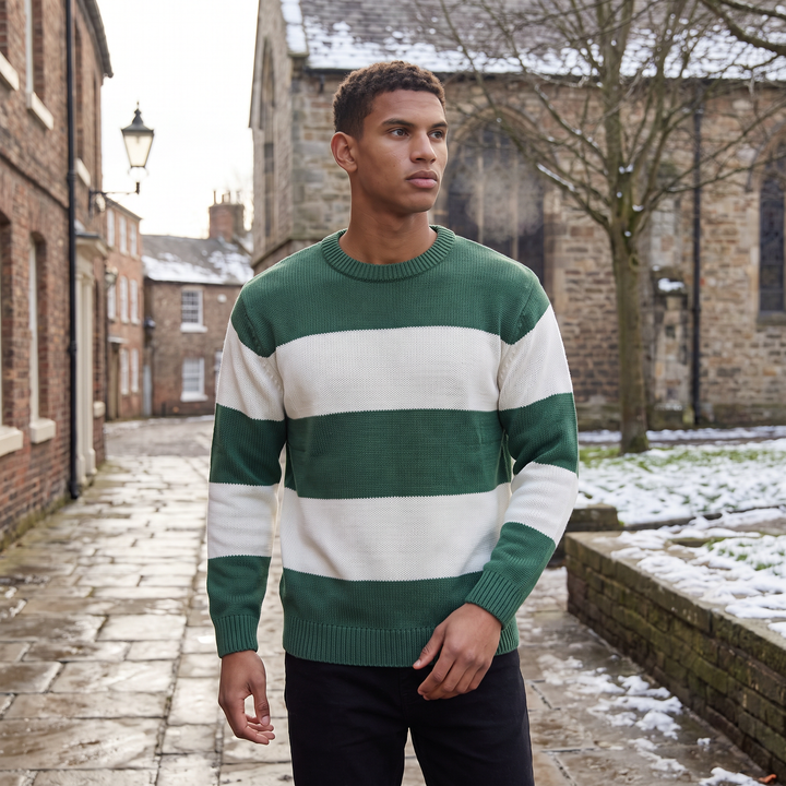 Men's Casual Cotton Blend Striped Round Neck Jumper