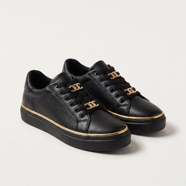 Women's Casual Lace-Up Leather Trainers with Chain Detail