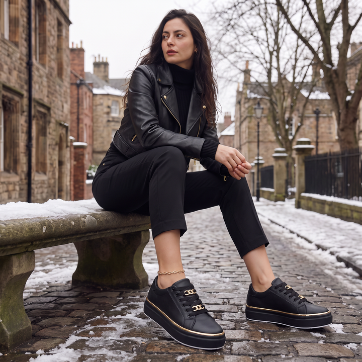 Women's Casual Lace-Up Leather Trainers with Chain Detail