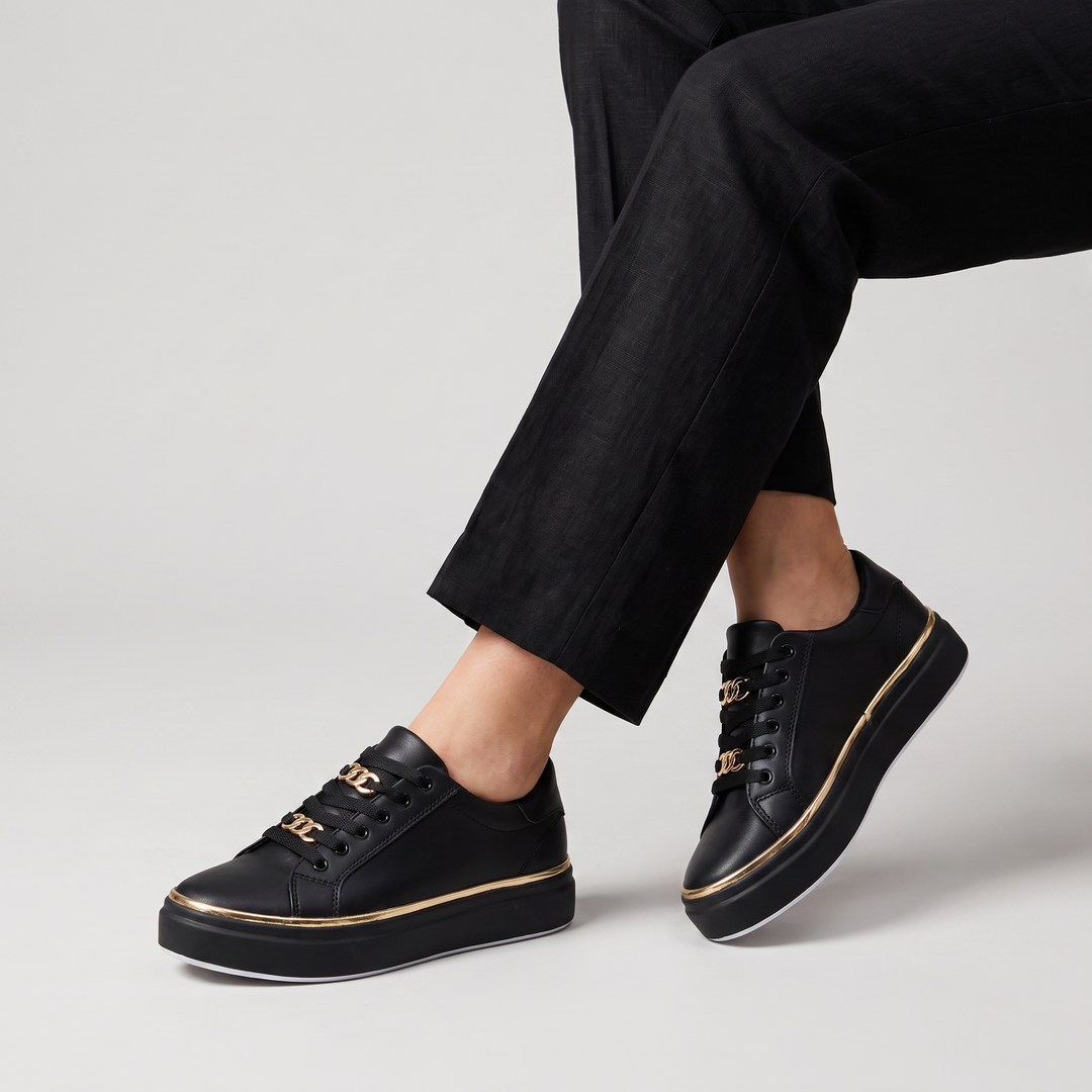 Women's Casual Lace-Up Leather Trainers with Chain Detail