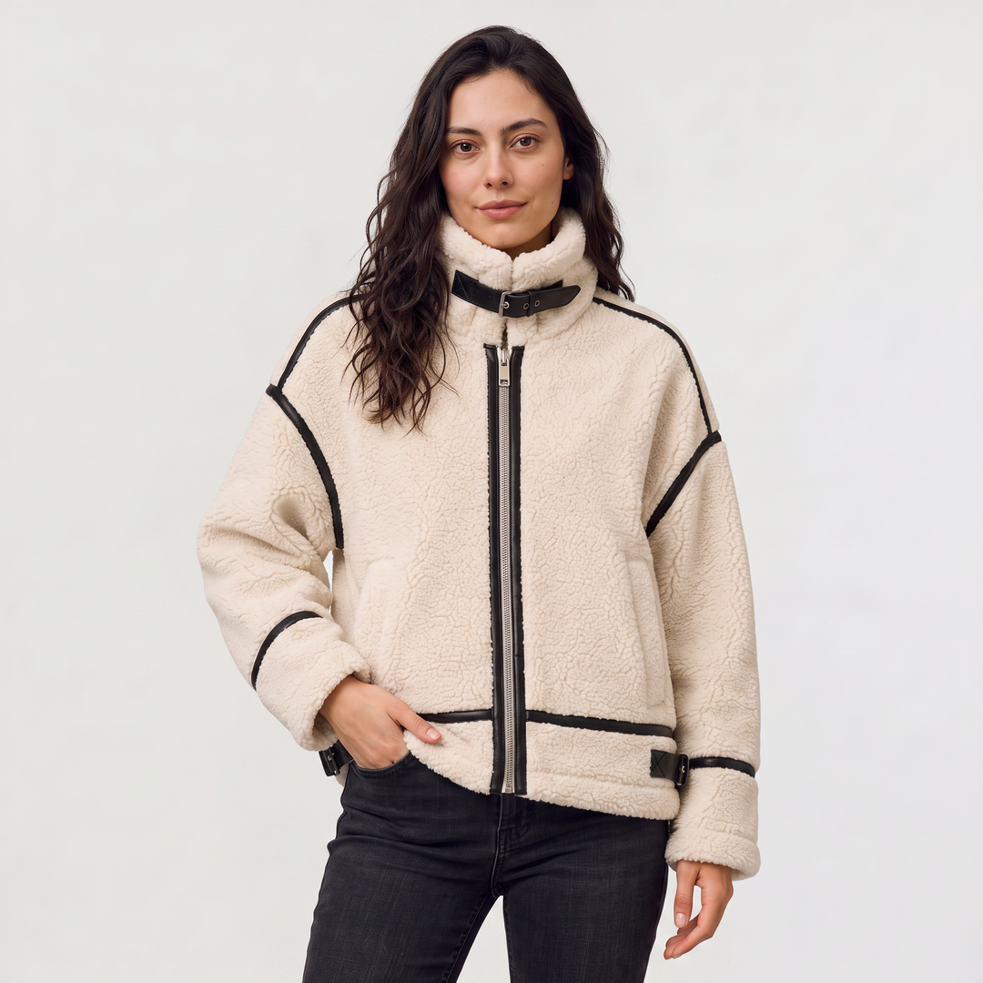 Women's Casual Teddy Borg Zip-Up Jacket in Beige