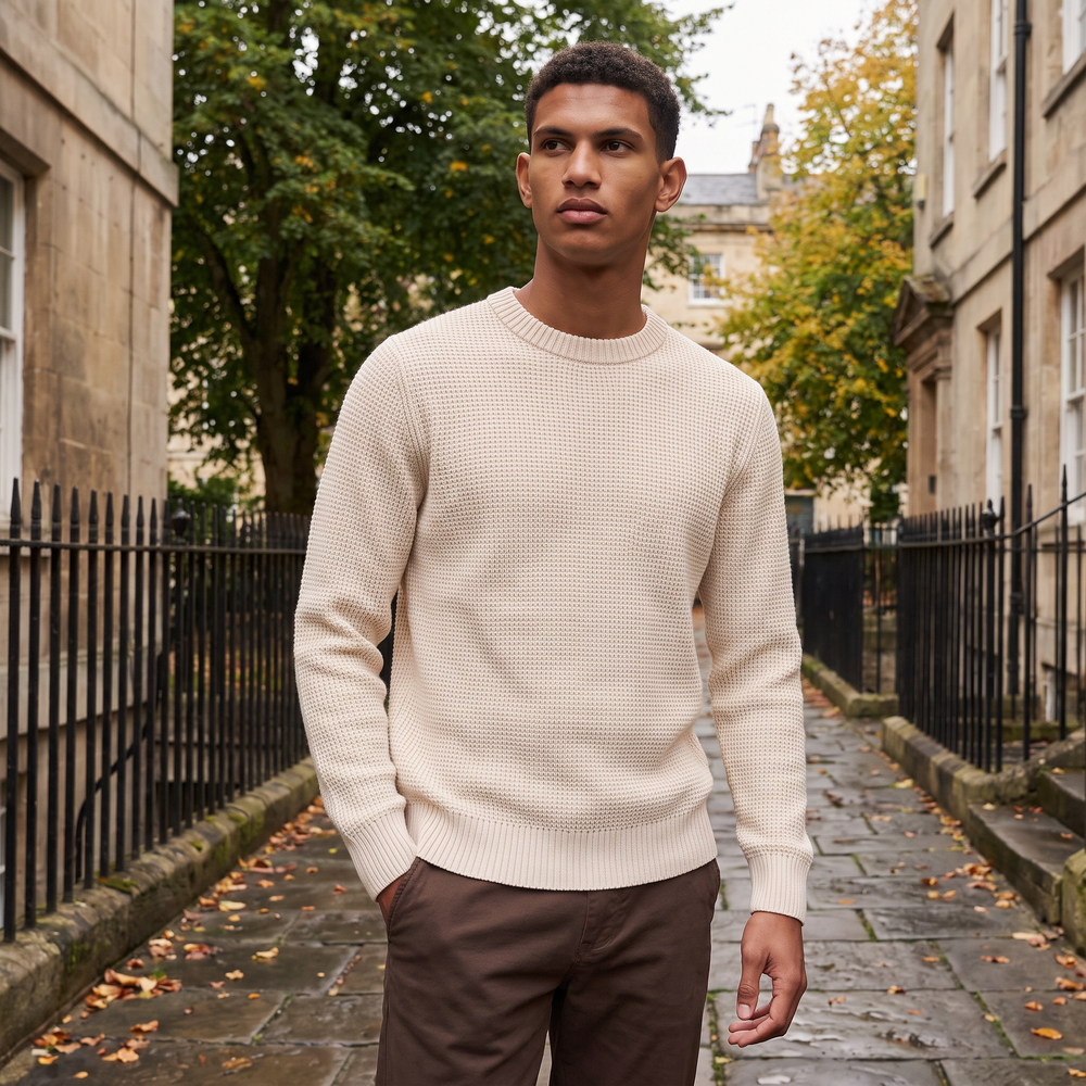 Men's Casual Textured Cotton Crew Neck Jumper