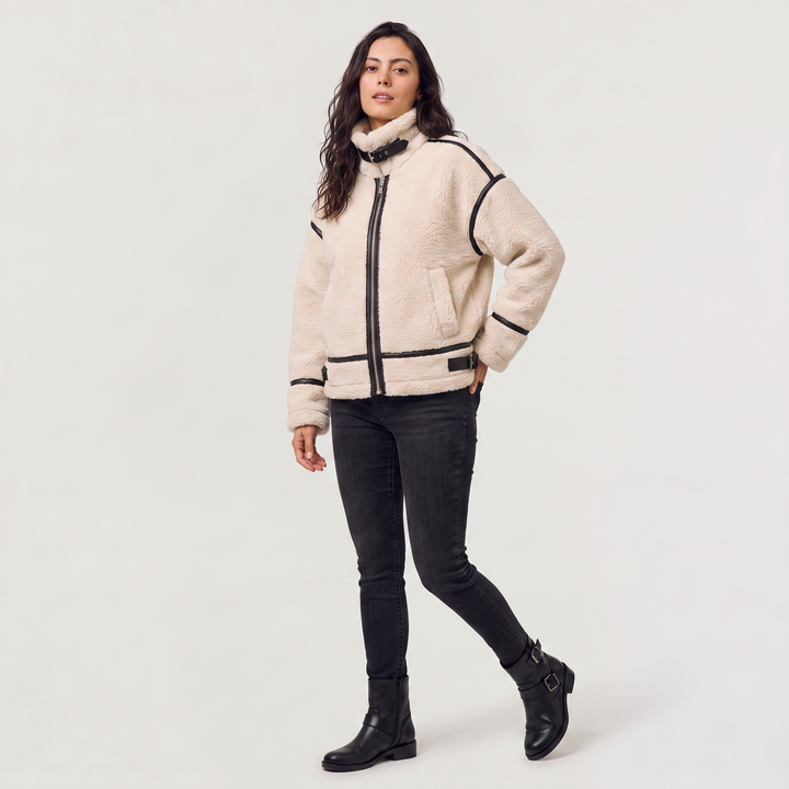 Women's Casual Teddy Borg Zip-Up Jacket in Beige
