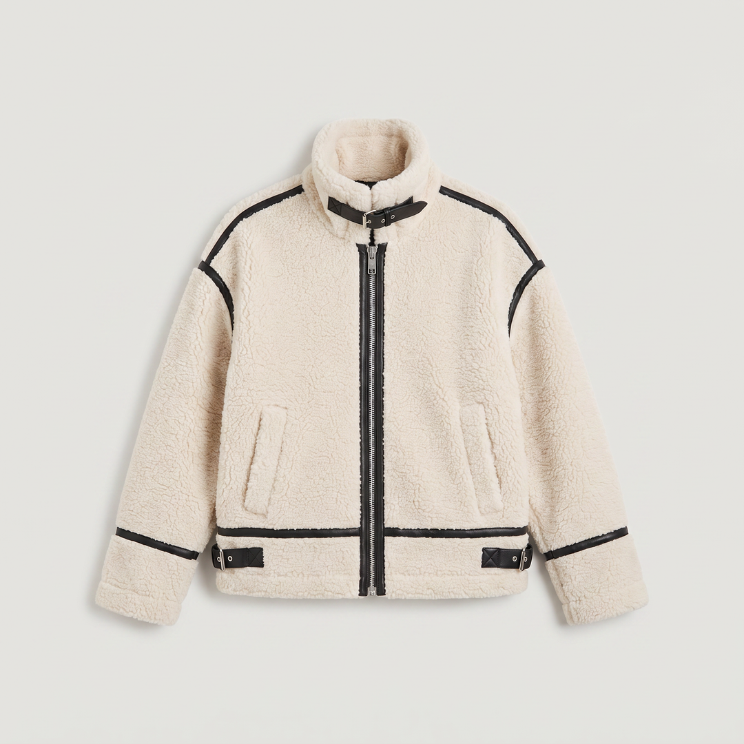 Women's Casual Teddy Borg Zip-Up Jacket in Beige