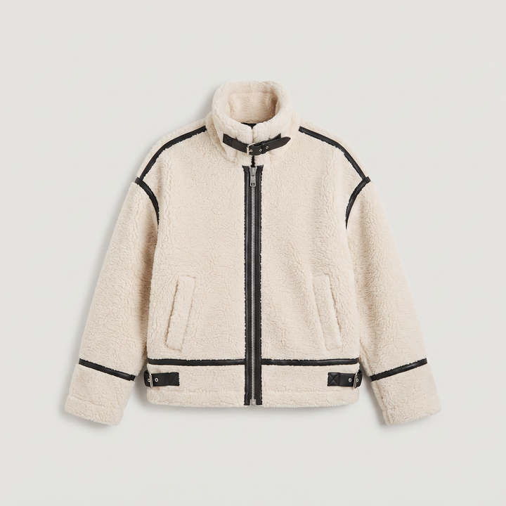Women's Casual Teddy Borg Zip-Up Jacket in Beige