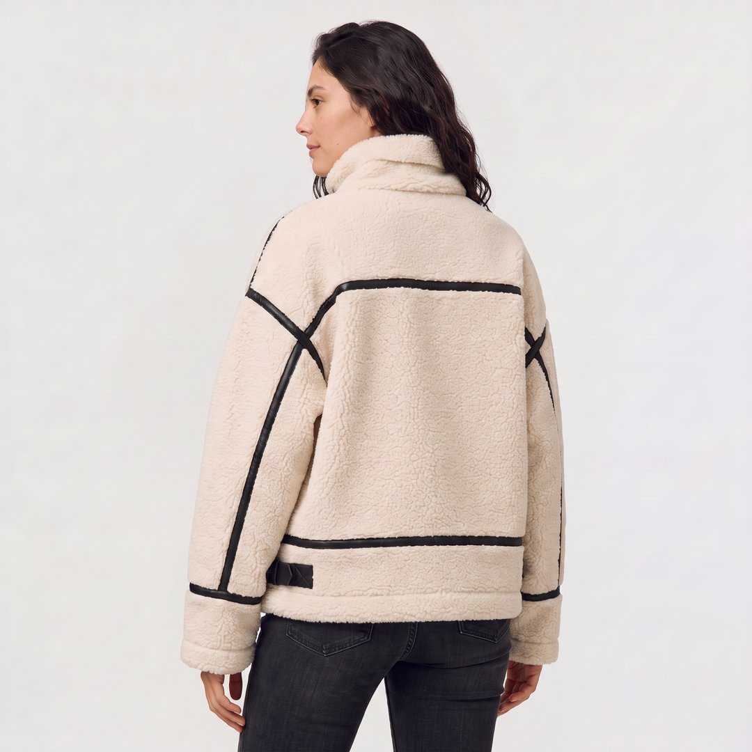 Women's Casual Teddy Borg Zip-Up Jacket in Beige