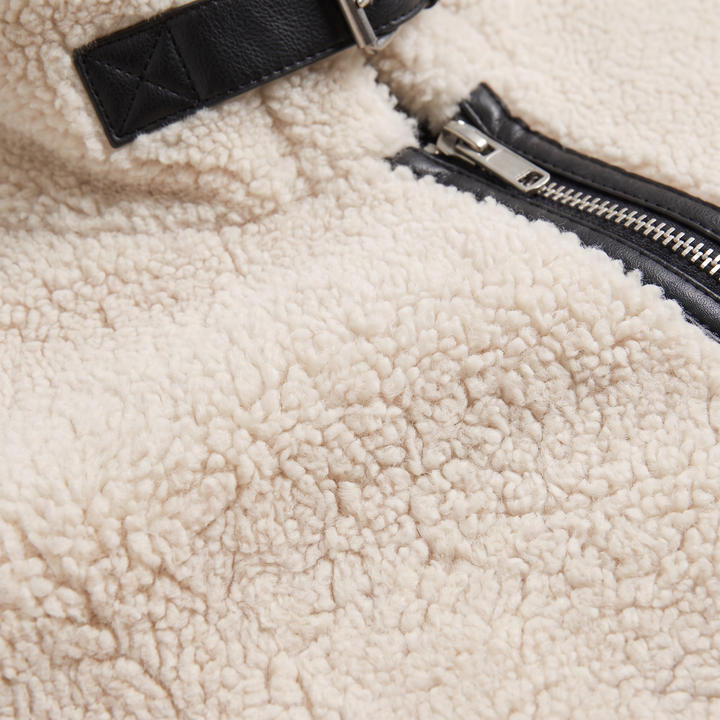 Women's Casual Teddy Borg Zip-Up Jacket in Beige
