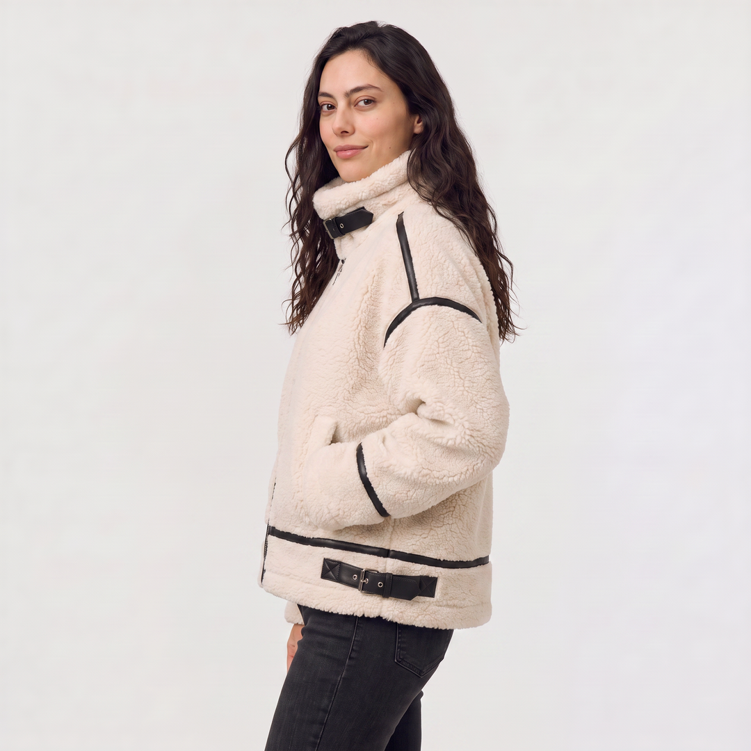 Women's Casual Teddy Borg Zip-Up Jacket in Beige