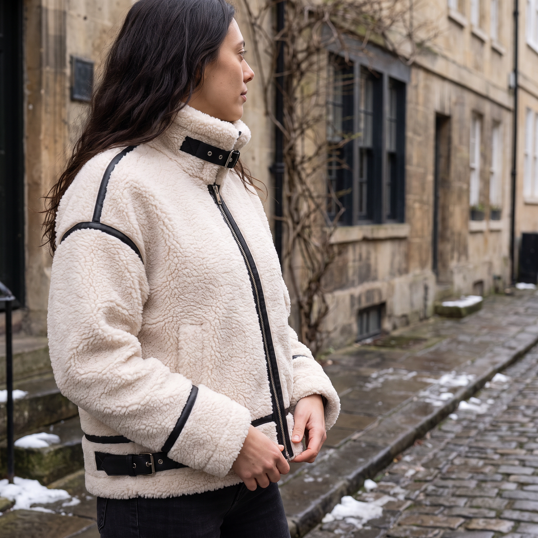 Women's Casual Teddy Borg Zip-Up Jacket in Beige