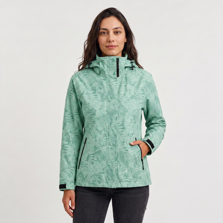Women's Lightweight Waterproof Hooded Zip Jacket with Leaf Print