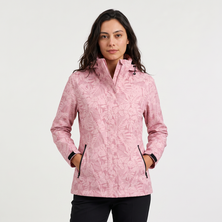 Women's Lightweight Waterproof Hooded Zip Jacket with Leaf Print