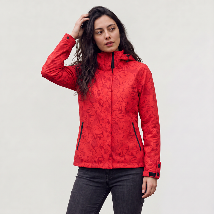 Women's Lightweight Waterproof Hooded Zip Jacket with Leaf Print
