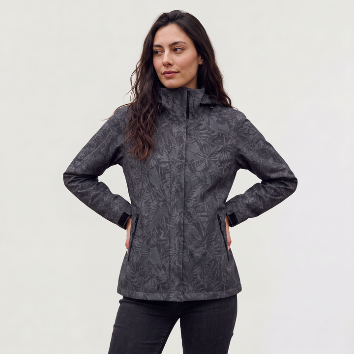 Women's Lightweight Waterproof Hooded Zip Jacket with Leaf Print