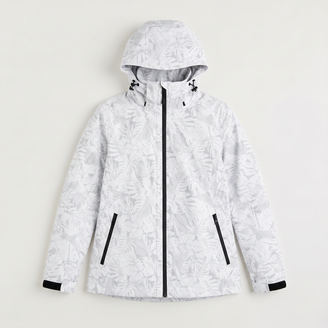 Women's Lightweight Waterproof Hooded Zip Jacket with Leaf Print