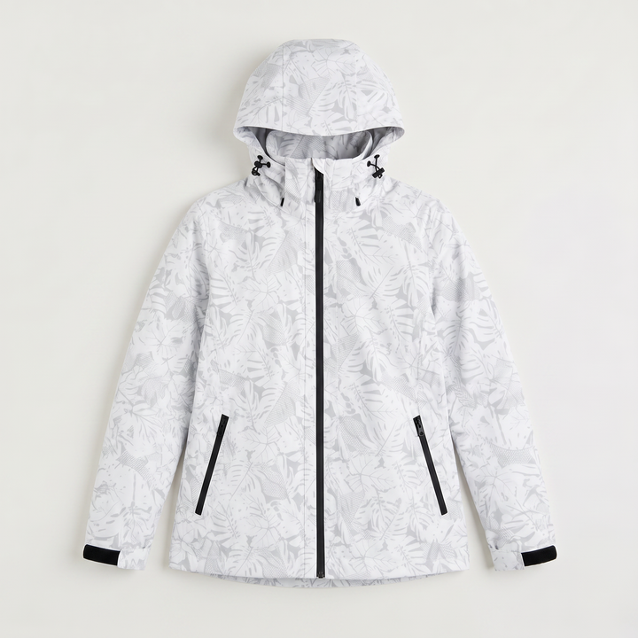 Women's Lightweight Waterproof Hooded Zip Jacket with Leaf Print