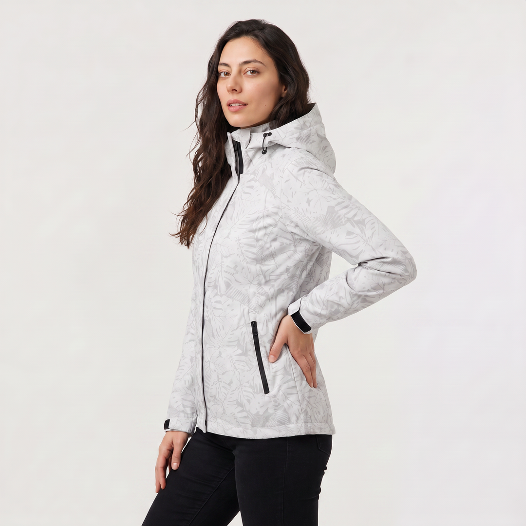 Women's Lightweight Waterproof Hooded Zip Jacket with Leaf Print