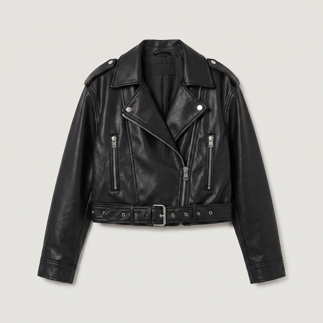 Women's Stylish Leather Cropped Biker Jacket with Belt