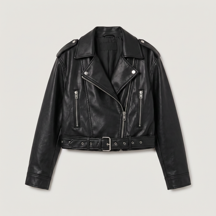 Women's Stylish Leather Cropped Biker Jacket with Belt