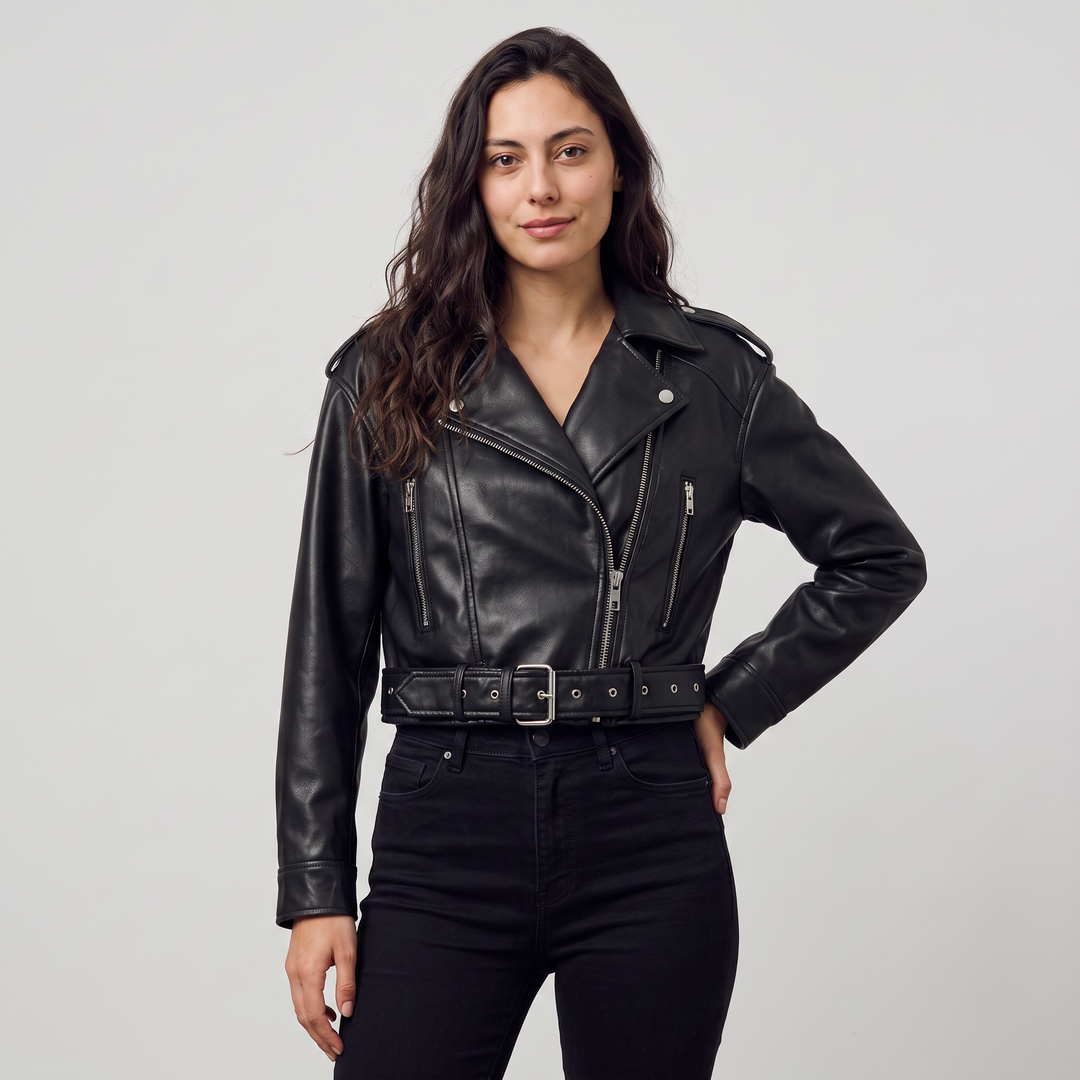 Women's Stylish Leather Cropped Biker Jacket with Belt