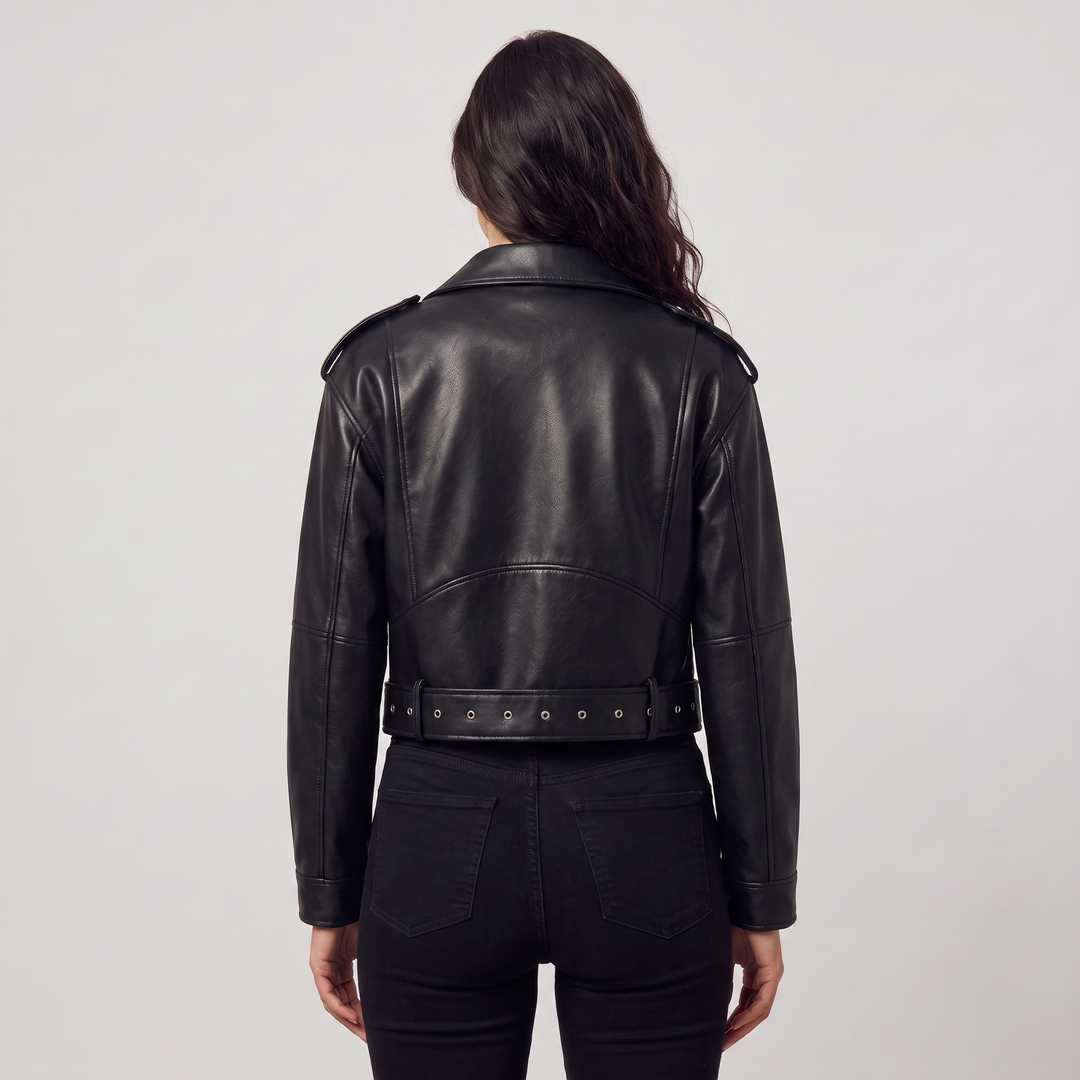 Women's Stylish Leather Cropped Biker Jacket with Belt