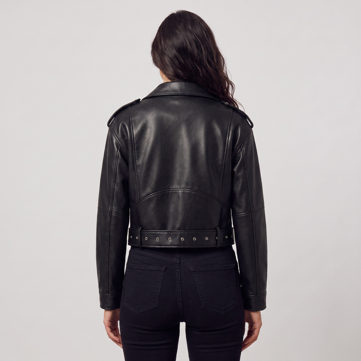 Women's Stylish Leather Cropped Biker Jacket with Belt