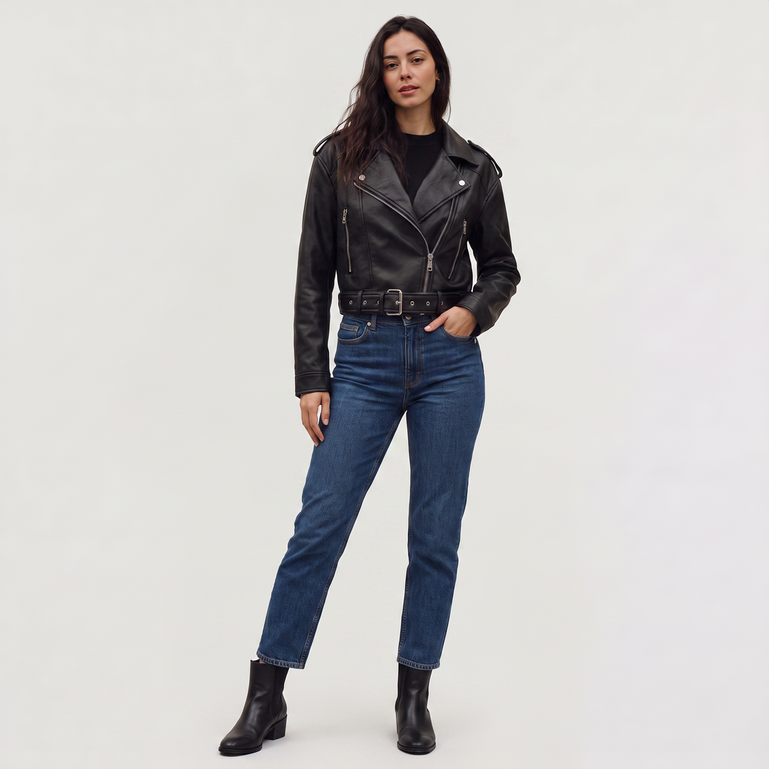 Women's Stylish Leather Cropped Biker Jacket with Belt