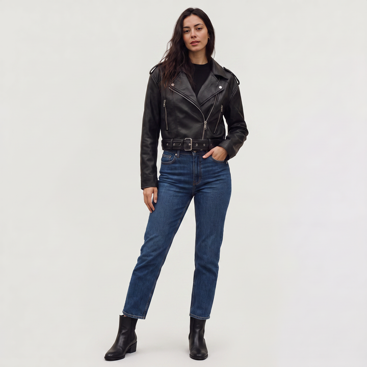 Women's Stylish Leather Cropped Biker Jacket with Belt