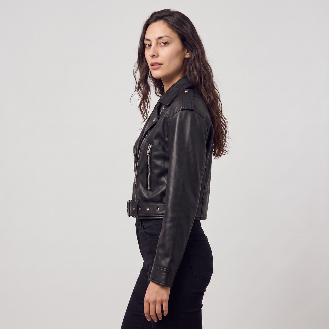 Women's Stylish Leather Cropped Biker Jacket with Belt
