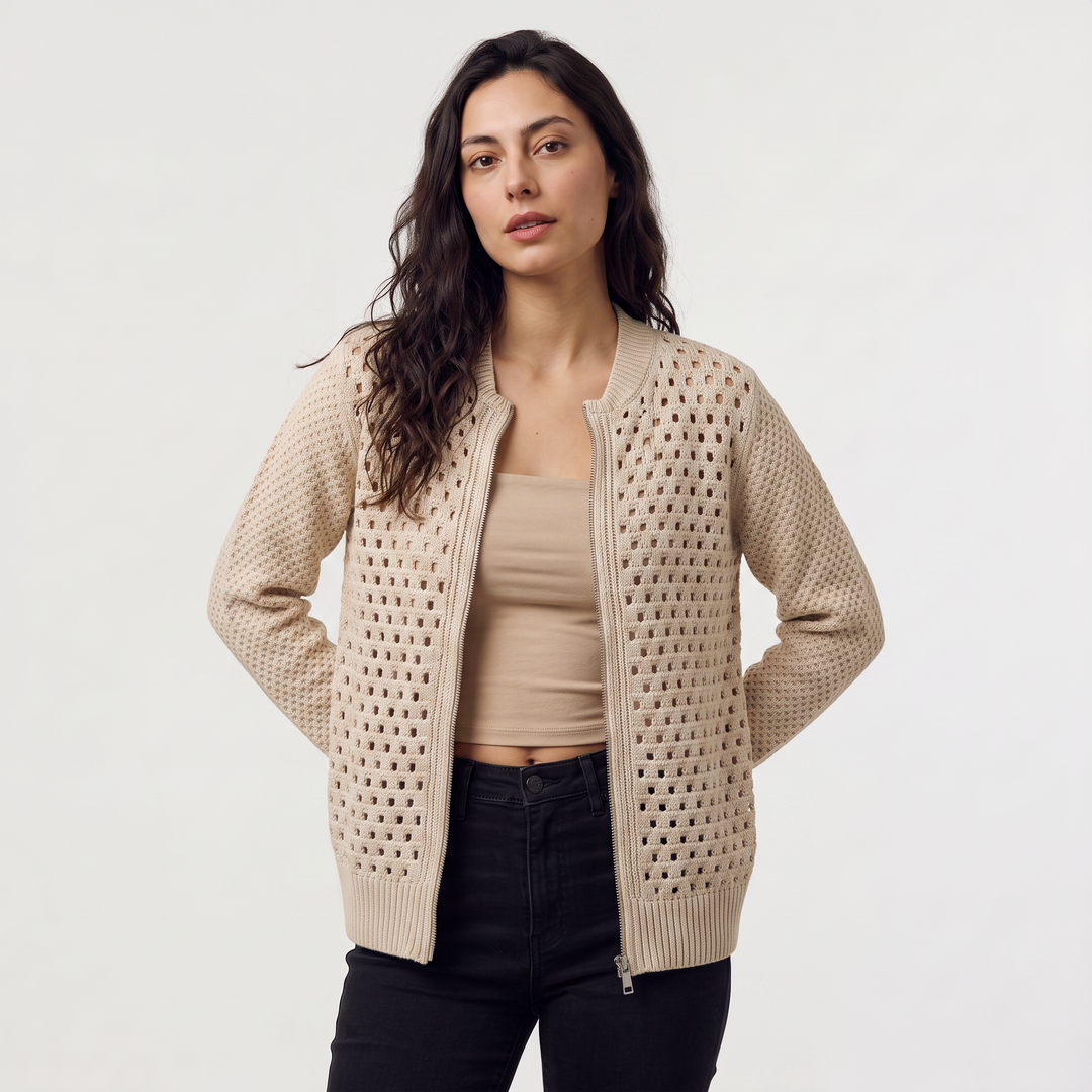 Women's Casual Hollow-Knit Zip-Up Cardigan