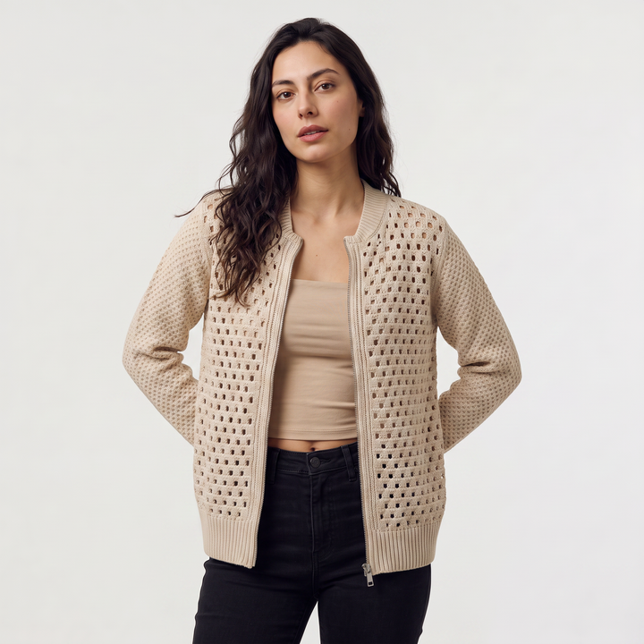 Women's Casual Hollow-Knit Zip-Up Cardigan