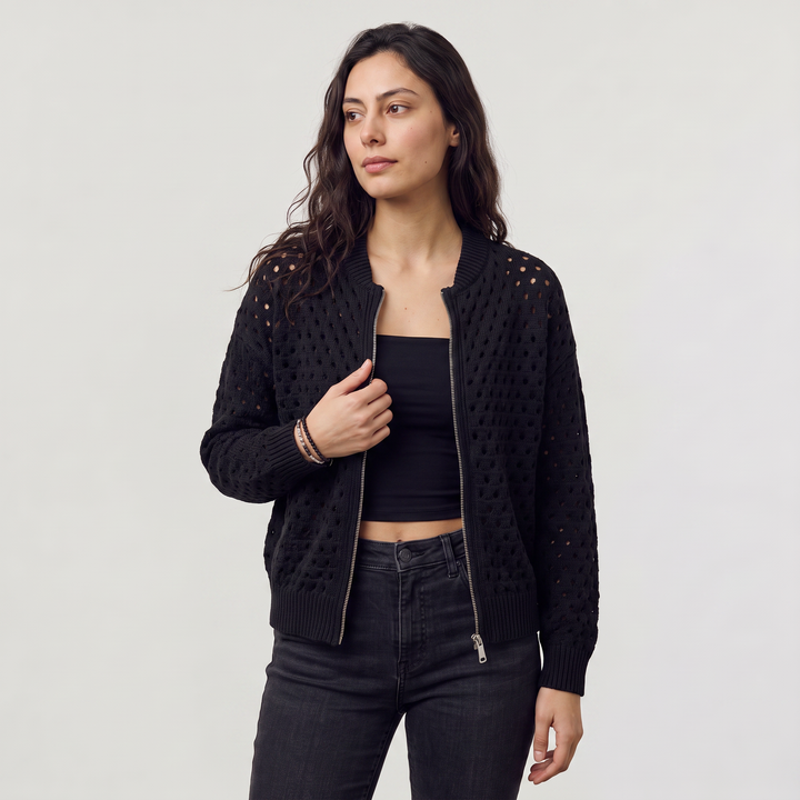 Women's Casual Hollow-Knit Zip-Up Cardigan