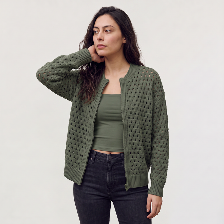 Women's Casual Hollow-Knit Zip-Up Cardigan