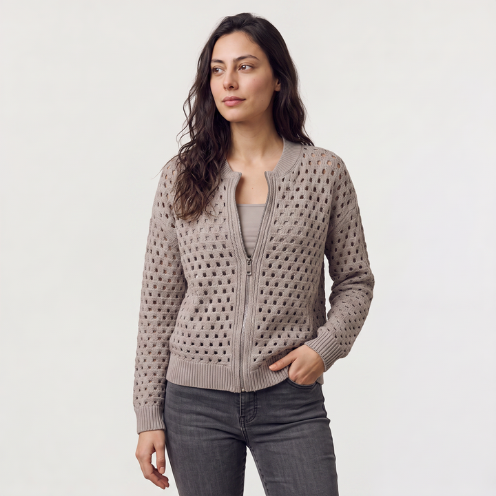 Women's Casual Hollow-Knit Zip-Up Cardigan