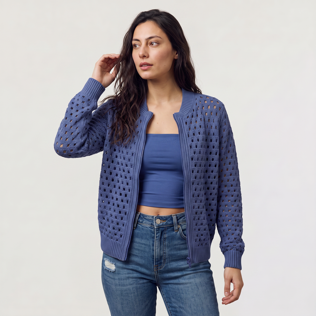 Women's Casual Hollow-Knit Zip-Up Cardigan