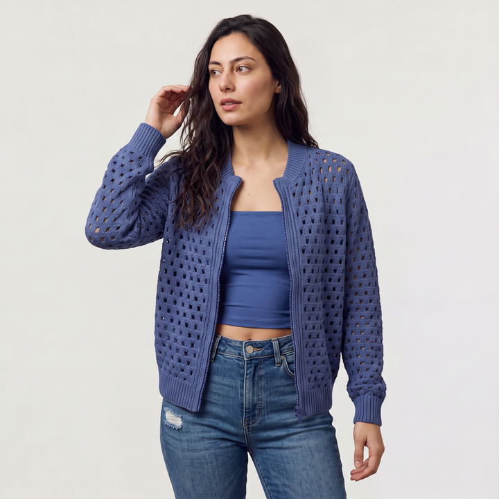 Women's Casual Hollow-Knit Zip-Up Cardigan