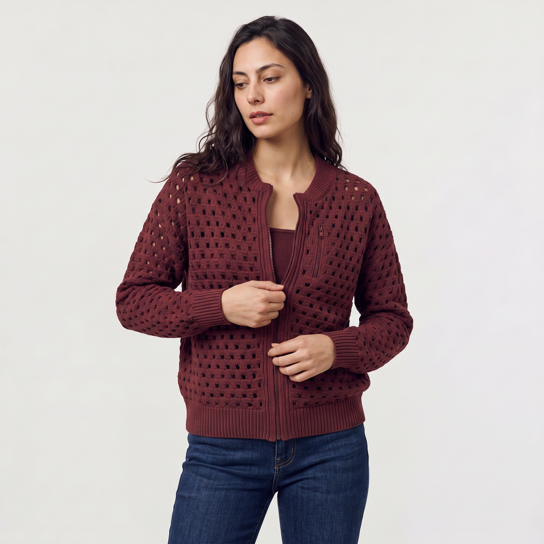 Women's Casual Hollow-Knit Zip-Up Cardigan