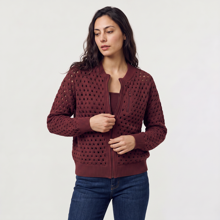 Women's Casual Hollow-Knit Zip-Up Cardigan